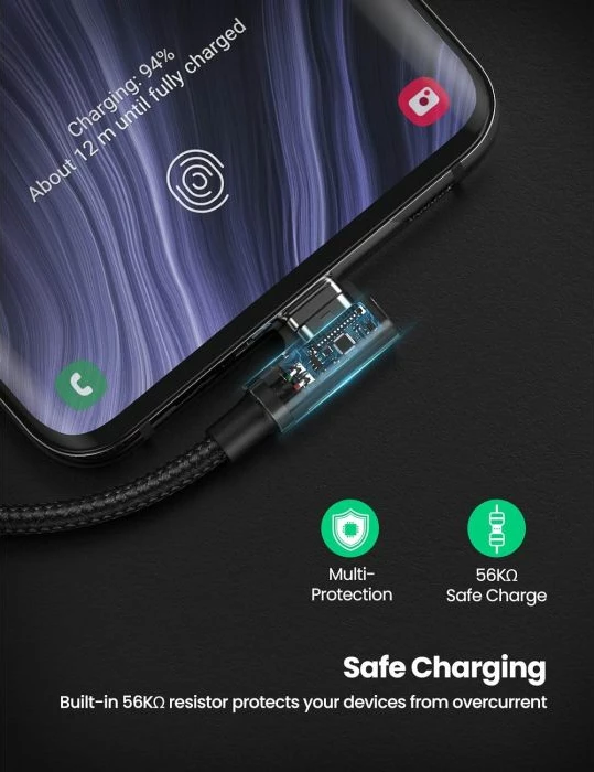 Kabllo USB-A në USB-C UGREEN 20856, 90° right-angle, fast charging 18W, 480Mbps, 1m, e zezë/argjend