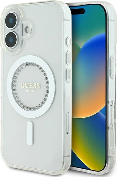 Mbështjellës Guess IML Rhinestones MagSafe për iPhone 16 Plus 6.7", hardcase TPU/PC, i bardhë, në kuti