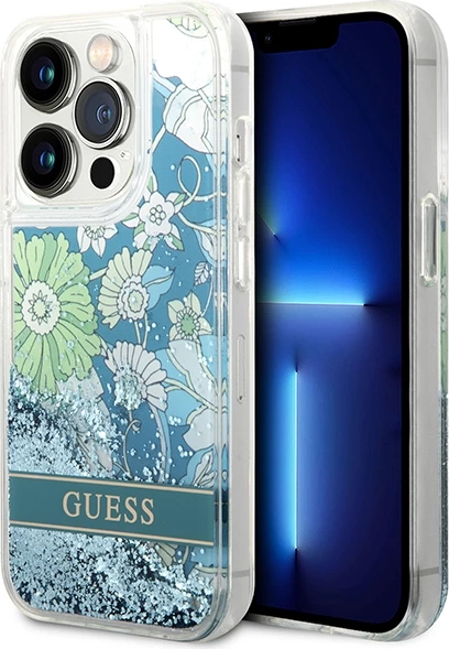 Mbështjellës Guess Flower Liquid Glitter për iPhone 14 Pro 6.1", Gjelbër