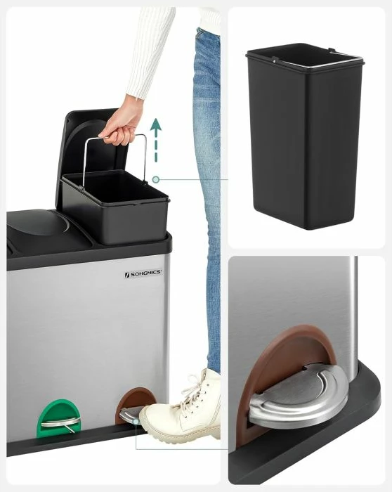 kosh plehrash për ndarje mbeturinash SONGMICS LTB45L 45L (3x15L), me 3 pedale, inox/argjendtë