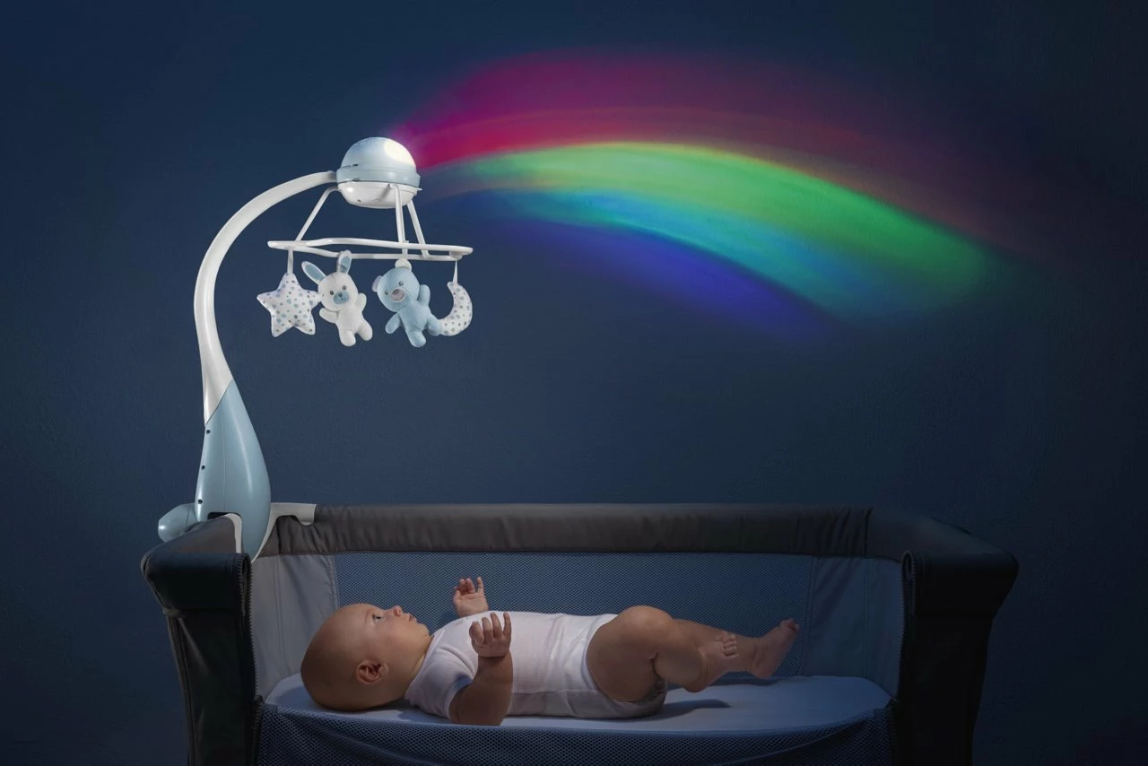 Karusel muzikor Chicco First Dreams Rainbow 3-in-1 CHICZ-0934, kaltër, set me lodra pelushi