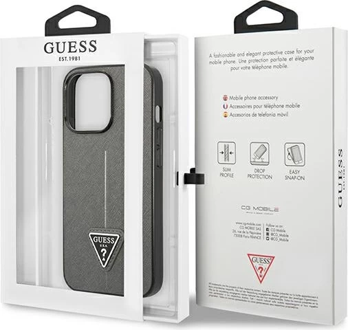 Mbështjellës Guess SaffianoTriangle Logo për iPhone 14 Pro 6.1", argjend