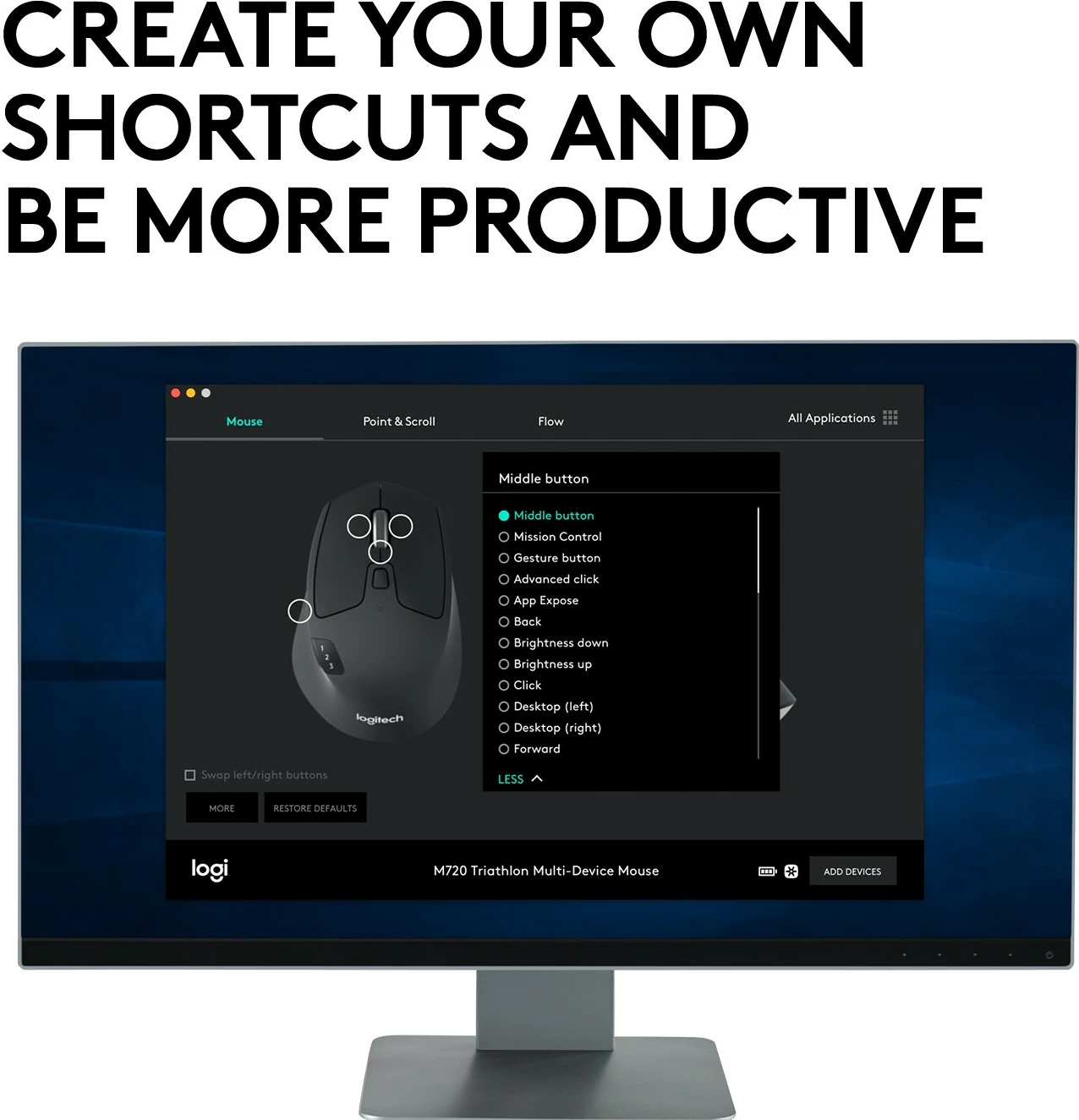Maus Logitech M720 Triathlon, Djathtas, Optik, RF Wireless + Bluetooth, 1000 DPI, Zi, Bardhë