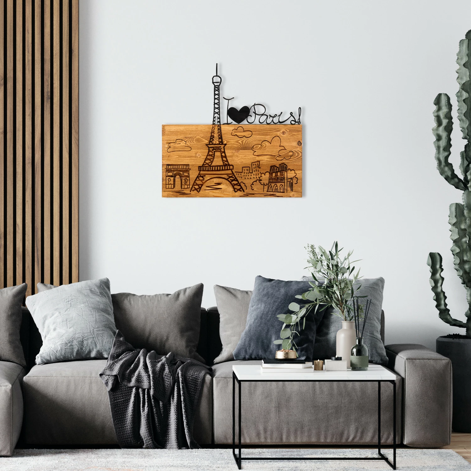 Aksesor dekorativ për mur, dru dhe metal, Wallity, I Love You Paris