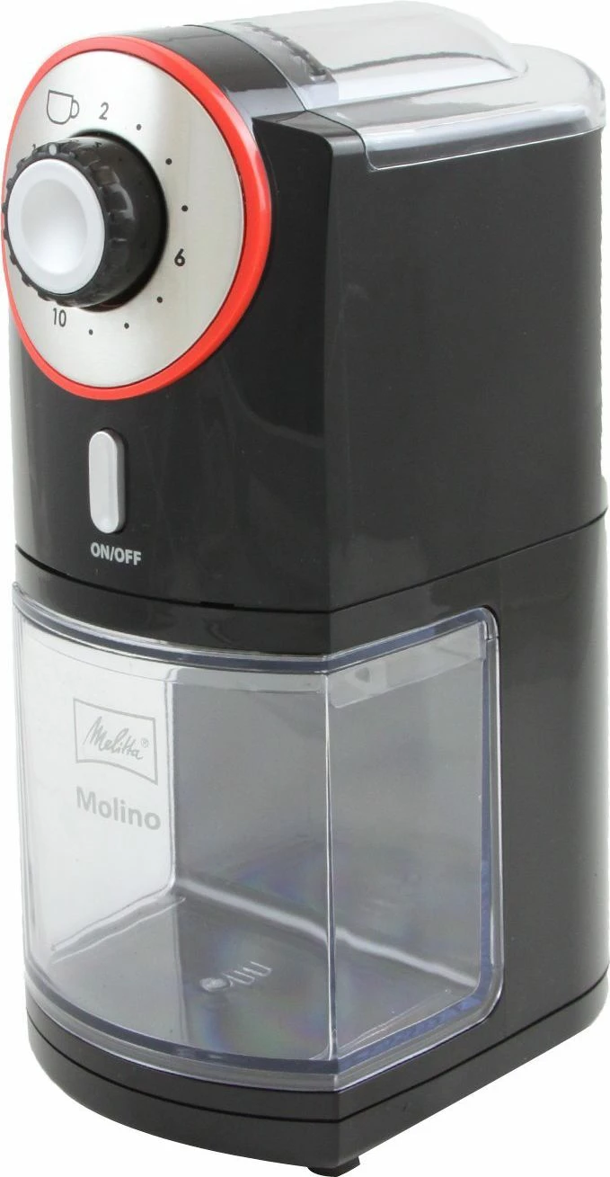 Mulli elektrik kafeje Melitta Molino 1019-01, 200 g, 17 nivele bluarjeje, 100 W, e zezë me detaje të kuqe