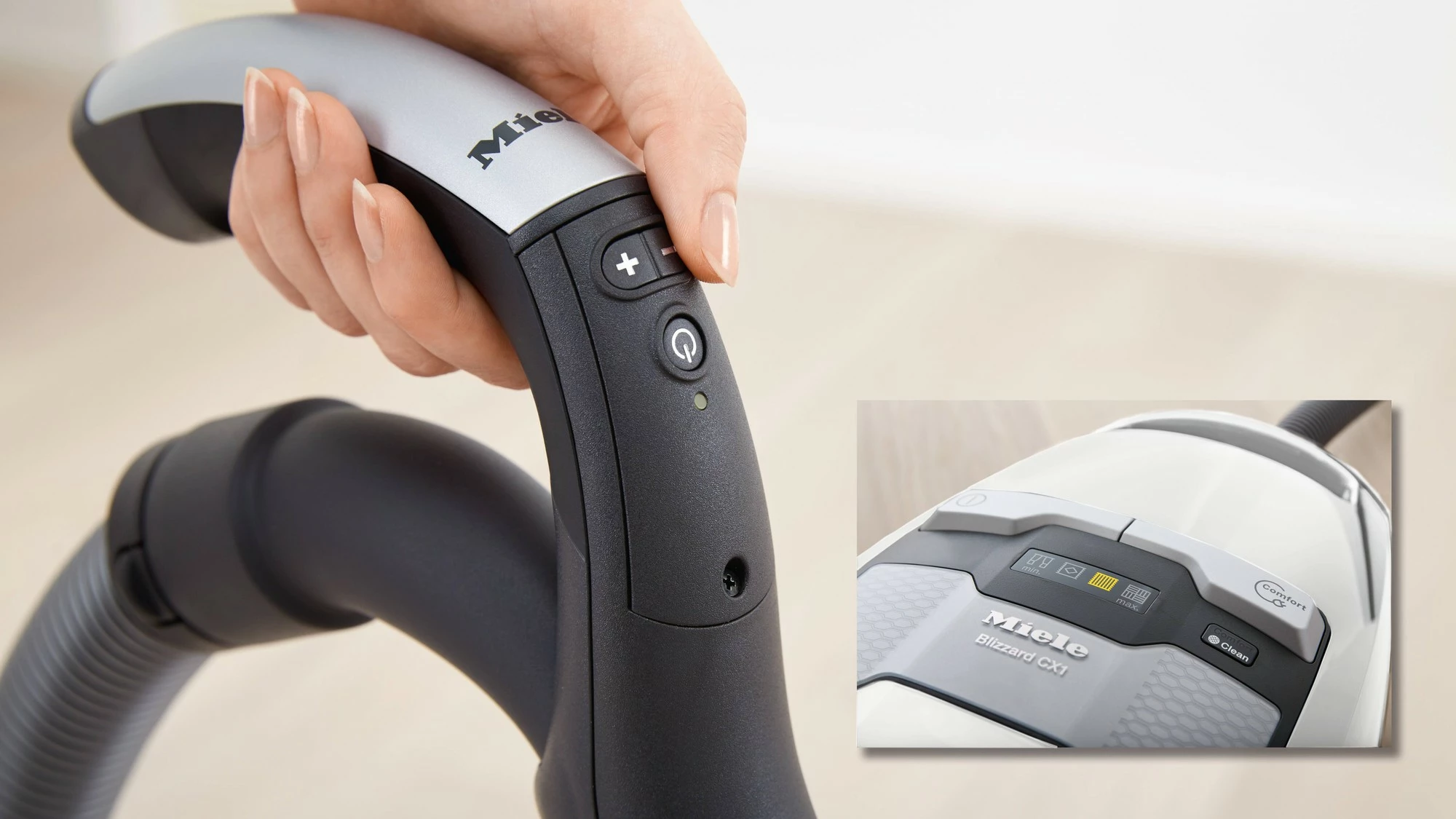 Fshesë me korrent Miele Blizzard Comfort XL Powerline 890W pa qese me filtër HEPA, e bardhë, me set aksesorësh