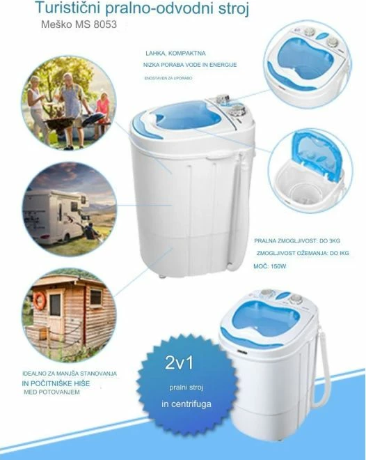 Mini lavatriçe kampingu Mesko MS 8053, 3 kg, me shtrydhje 1 kg, program 15 min, 150 W, bardhë