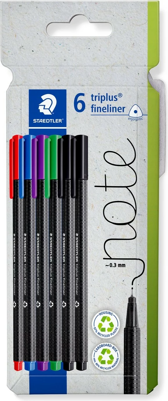 Set fineliner STAEDTLER 334 C6, 6 ngjyra, trekëndësh, plastikë e ricikluar