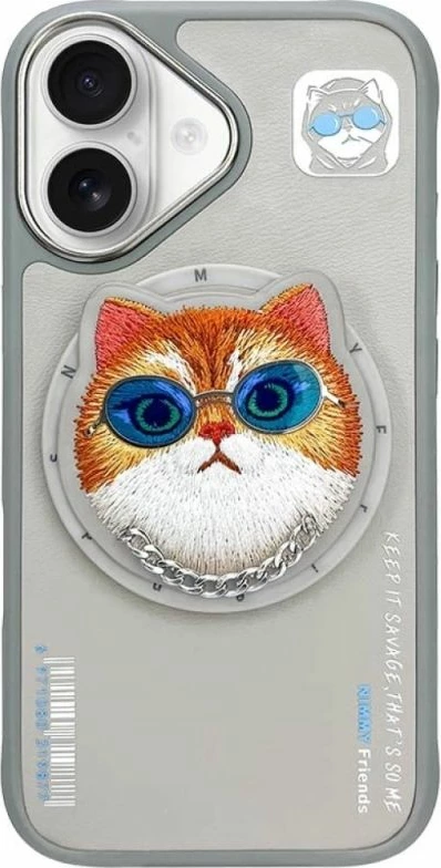 Kuti MagSafe Nimmy Glasses Cool Cat për iPhone 16, gri