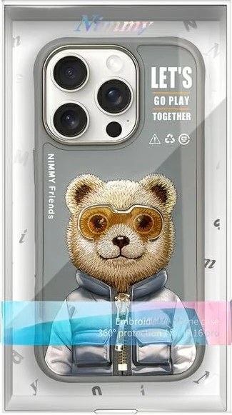 Mbështjellës Nimmy Cool&Cute 2.0 Bear për iPhone 16 Pro 6.3\", hardcase TPU/PC, i papërshkueshëm nga uji, gri, me kuti