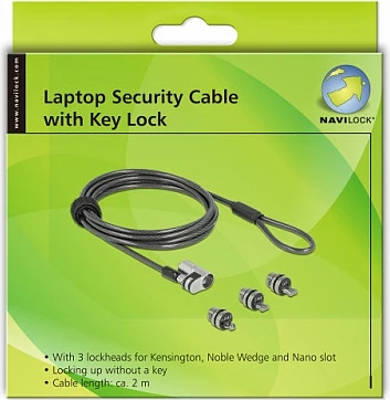 Kabllo sigurie për laptop DeLOCK Navilock 20676, 2 m, kyç me çelës rrethor, 3 koka (Nano/Wedge/Kensington), çelik, 2 çelësa, e zezë/argjend