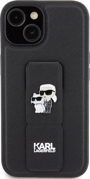 Mbështjellës Karl Lagerfeld Gripstand Saffiano Karl&Choupette Pins për iPhone 15, i zi