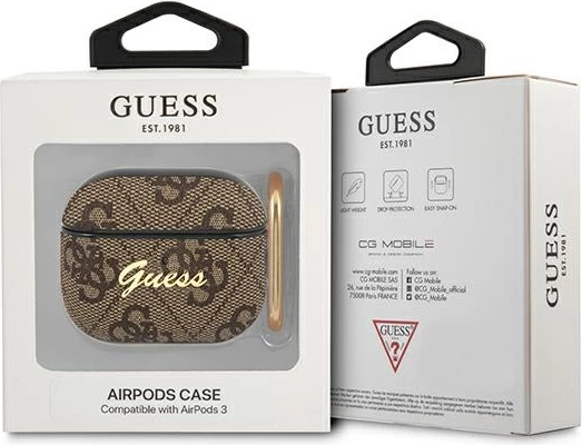 Mbështjellës Guess GUA34GSMW për AirPods 3, 4G Script Metal Collection, Kafe