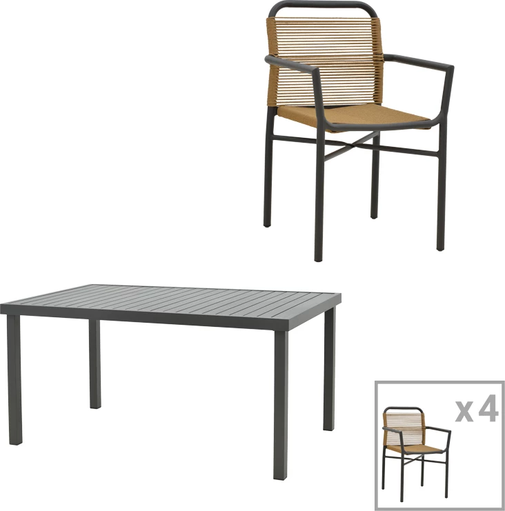 Tavolinë me karrige për terasë Clutch -Kliton A, 5 copë, alumin antracit dhe ratan PE, ngjyrë natyrale, 150x80x74cm
