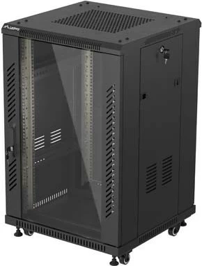Kabinet rack LANBERG 19" 18U 600x600, me derë xhami, i zi