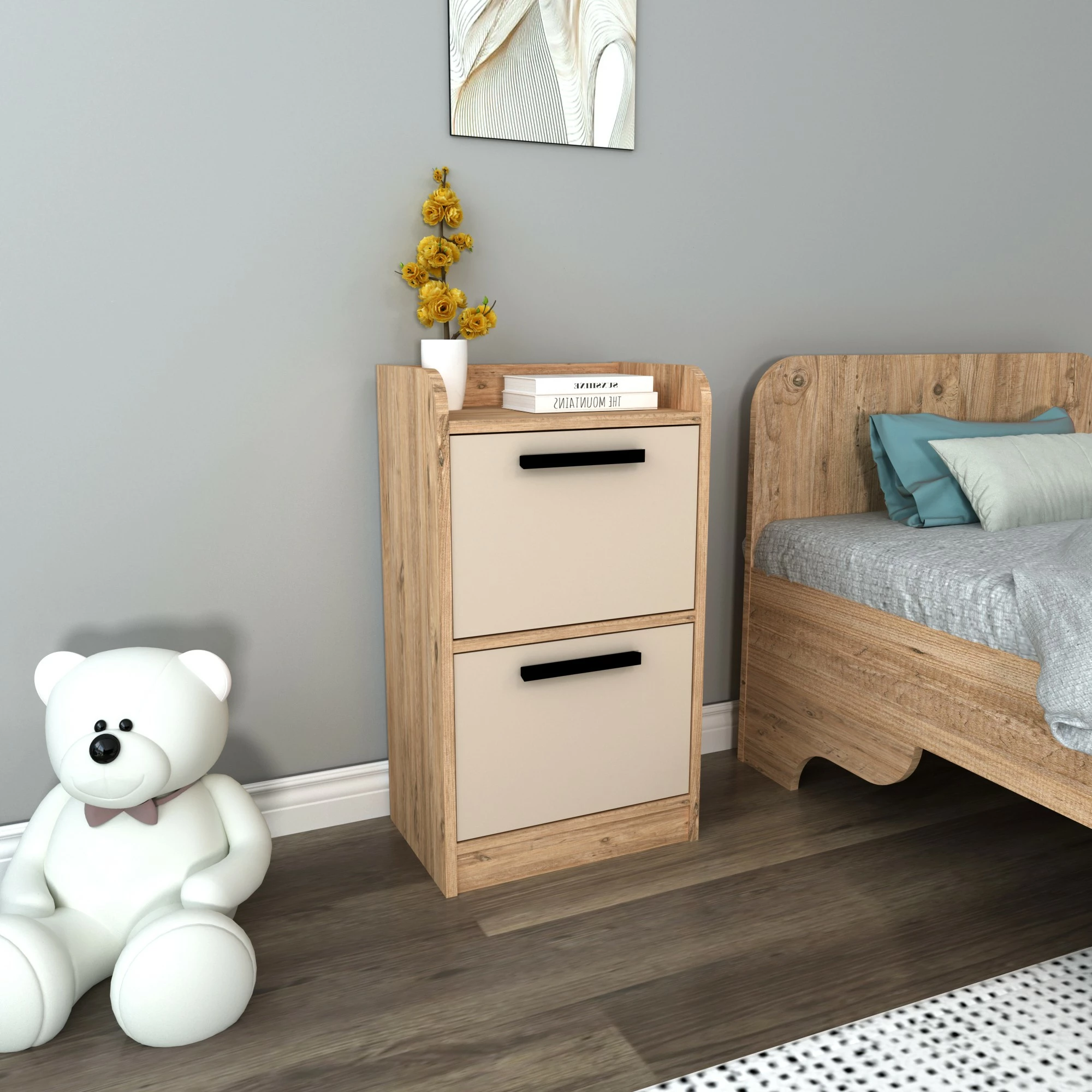 Komodinë natës Hanah Home, ngjyrë Atlantic Pine dhe bezhë, Luses