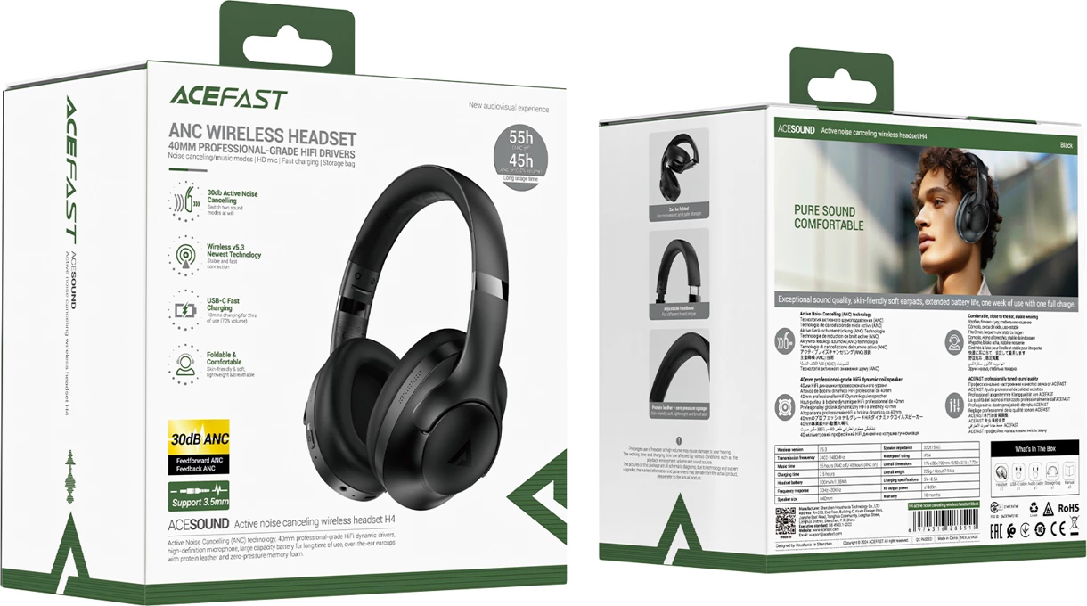 Kufje wireless Acefast H4, Bluetooth 5.3, ANC, IPX4, të zeza