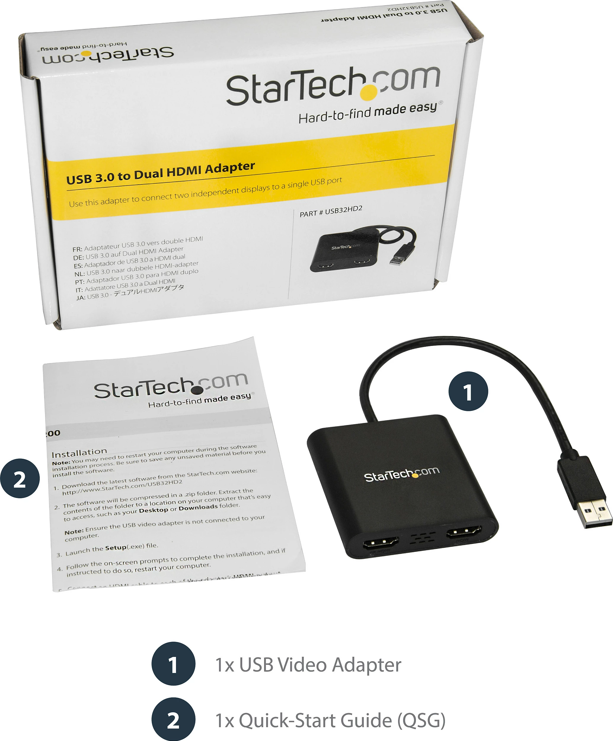 Adapter StarTech USB32HD2, USB 3.0 në 2x HDMI, 4K/30Hz, i zi
