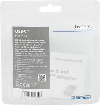 Adapter USB-C LogiLink USB 3.2 Gen2, Type-C mashkull në DisplayPort femër, 8K/60Hz, zi/hiri