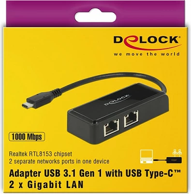 Adapter rrjeti USB-C DeLOCK 63927, 2x RJ45 Gigabit, 5 Gbit/s, i zi
