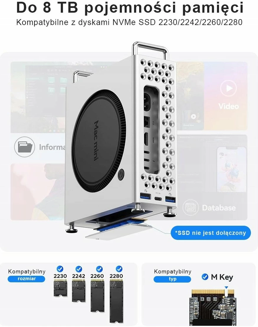 Kasë Orico për Mac Mini M4 me slot M.2 NVMe, 2x USB 3.2, USB-C, lexues kartele, argjend