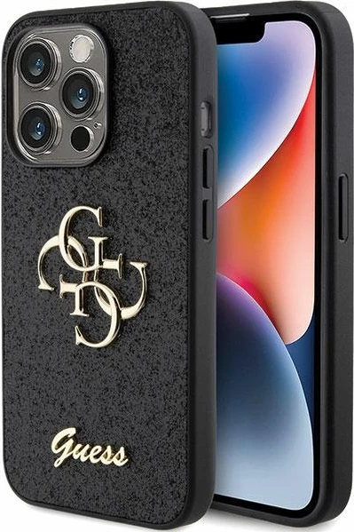 Mbështjellës Guess Glitter Script Big 4G për iPhone 15 Pro Max, i zi