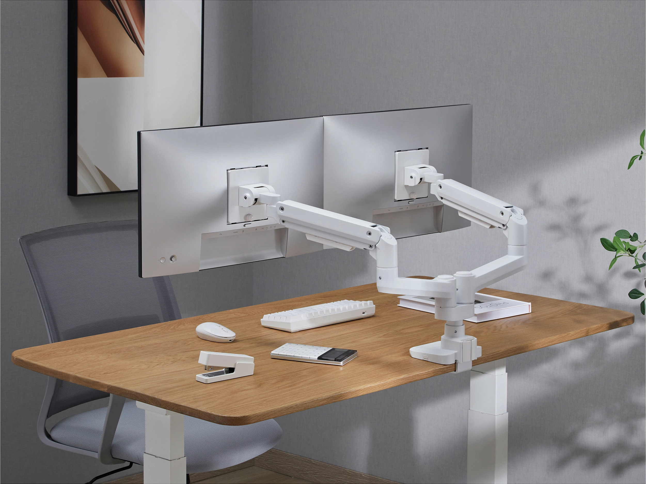 Mbajtëse tavoline për 2 monitorë Equip 2TFT, 17-35 inç, 360°, Gas Spring, VESA 75x75/100x100, 20kg për monitor, e bardhë