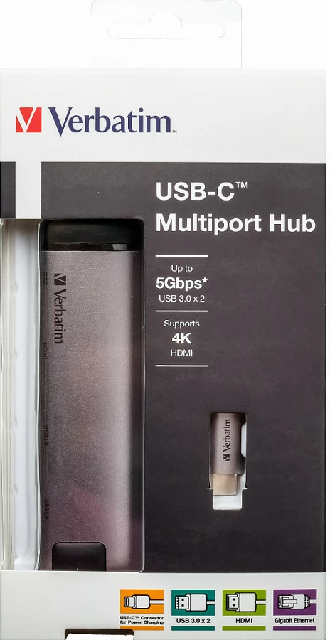 Hub USB-C Verbatim 49141, 3x USB-A + 1x USB-C PD + HDMI 4K + RJ-45 Ethernet, e zezë/argjend