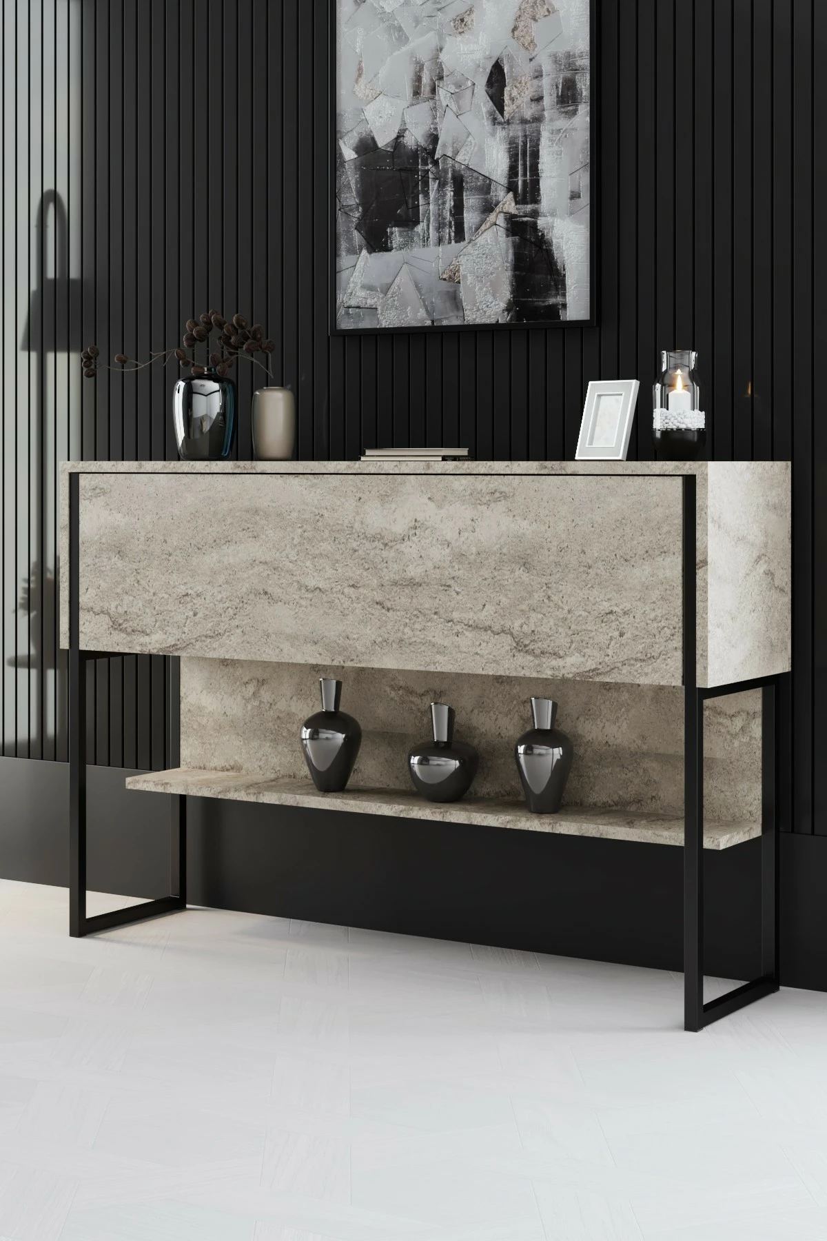 Komodë Hanah Home, Luxe, travertin, e zezë