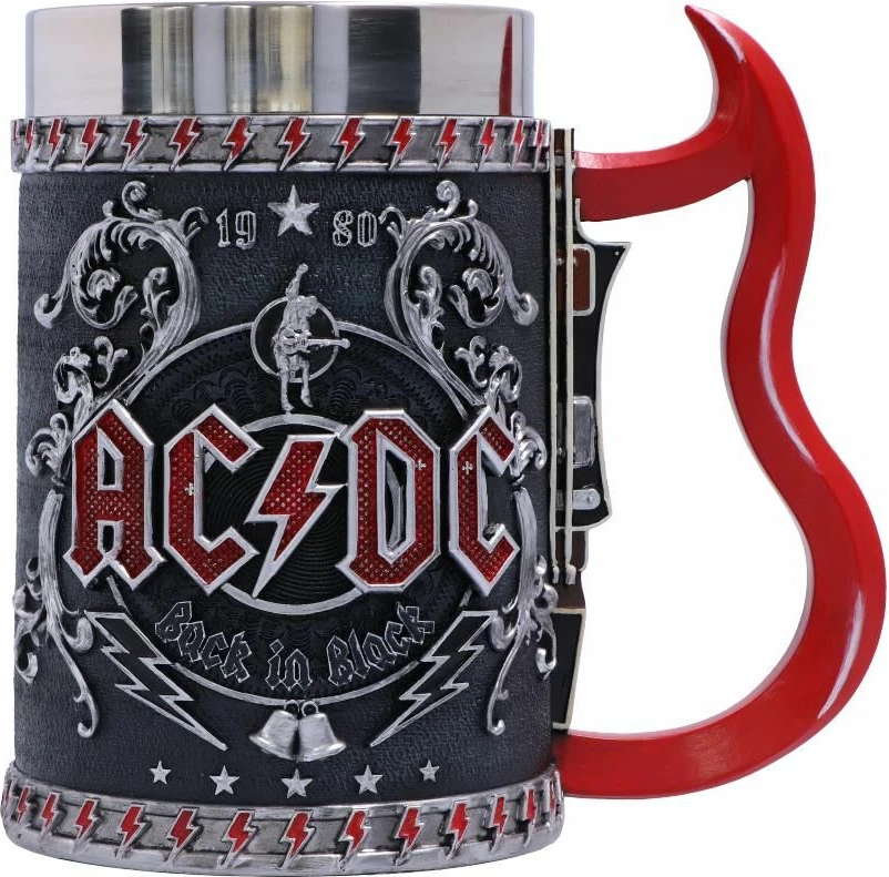 Kupa (tankard) Nemesis Now AC/DC Back in Black, rezinë me insert çelik inox, dorezë kitarë, e zezë/kuqe