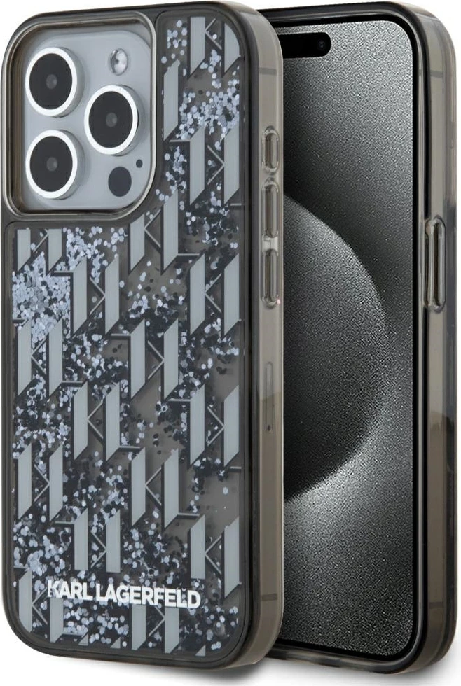 Mbështjellës Karl Lagerfeld Liquide Glitter Monogram Gradient për iPhone 15 Pro, i zi