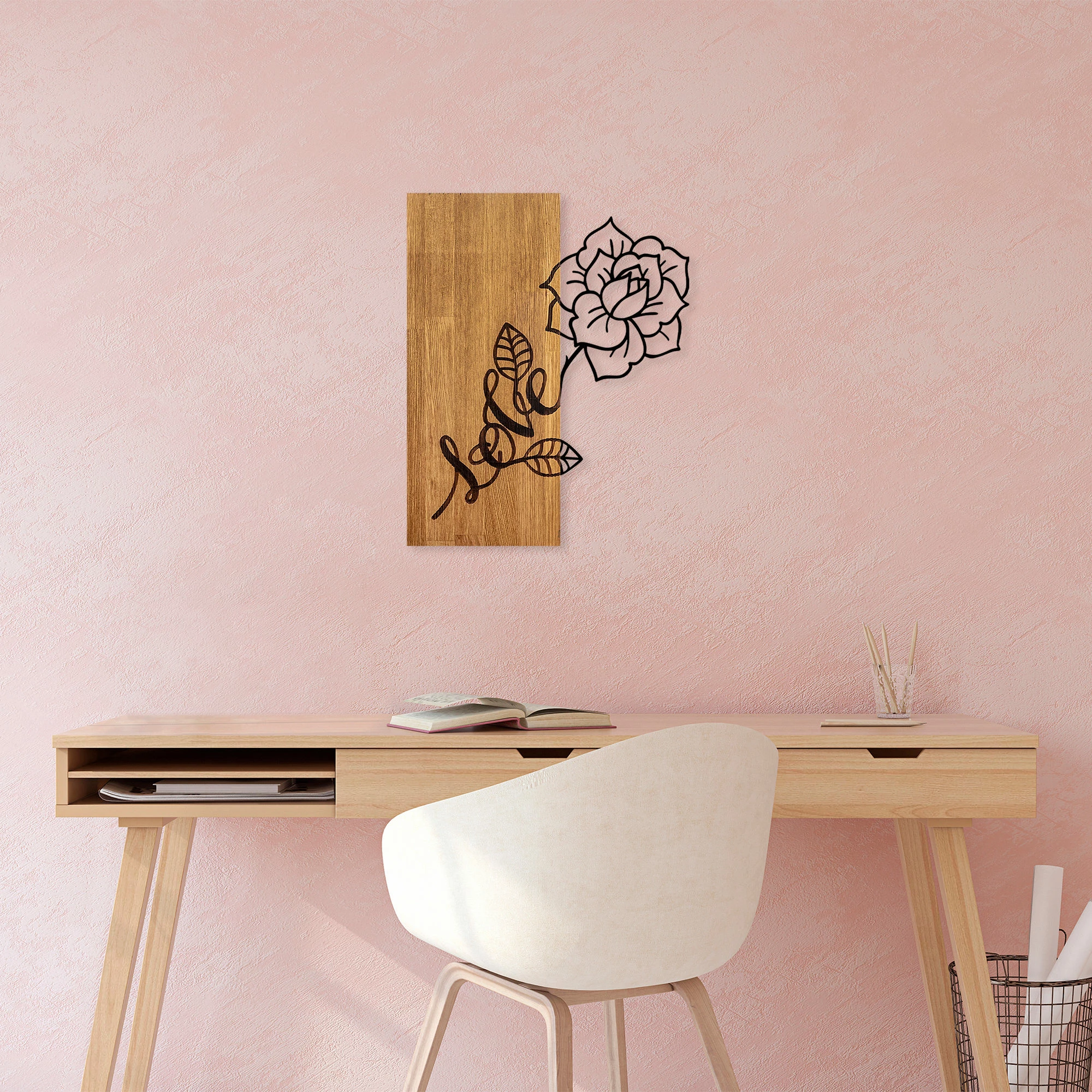 Aksesor dekorativ prej druri për mur, Rose Love, ngjyrë arre dhe e zezë, 47x58cm
