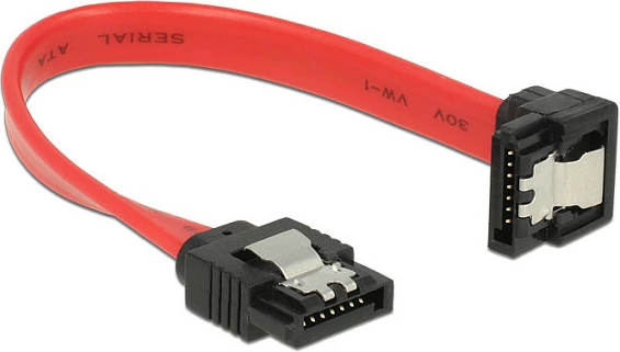 Kabllo SATA DeLOCK 83976, 10 cm, SATA 7-pin M/M, një konektor këndor, 6 Gb/s, e kuqe/zezë