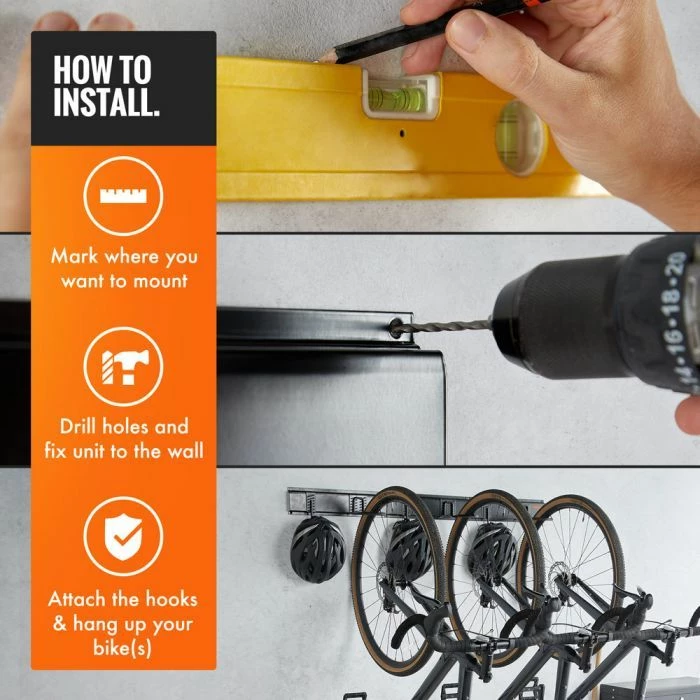Set mbajtëse muri për biçikleta VONHAUS 3500257, për 3 biçikleta + 3 helmeta, e zezë, 9-copë