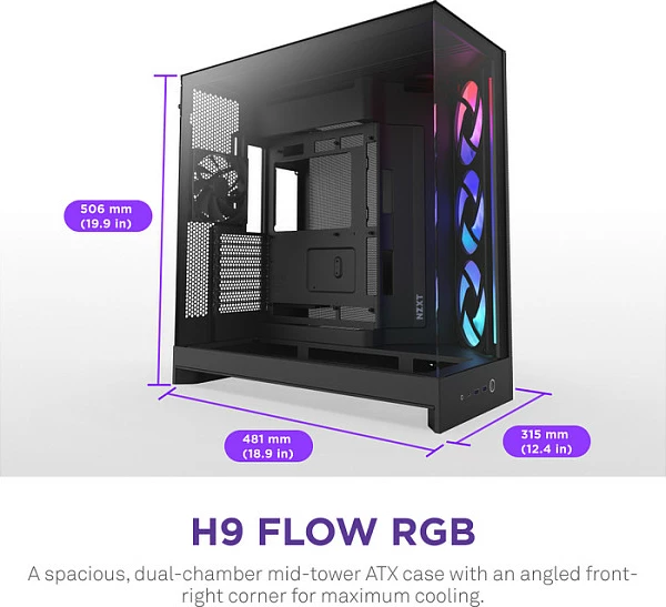 Kasë NZXT H9 Flow RGB, Midi Tower, ATX/EATX/micro ATX/Mini-ITX, xham i kalitur, e zezë