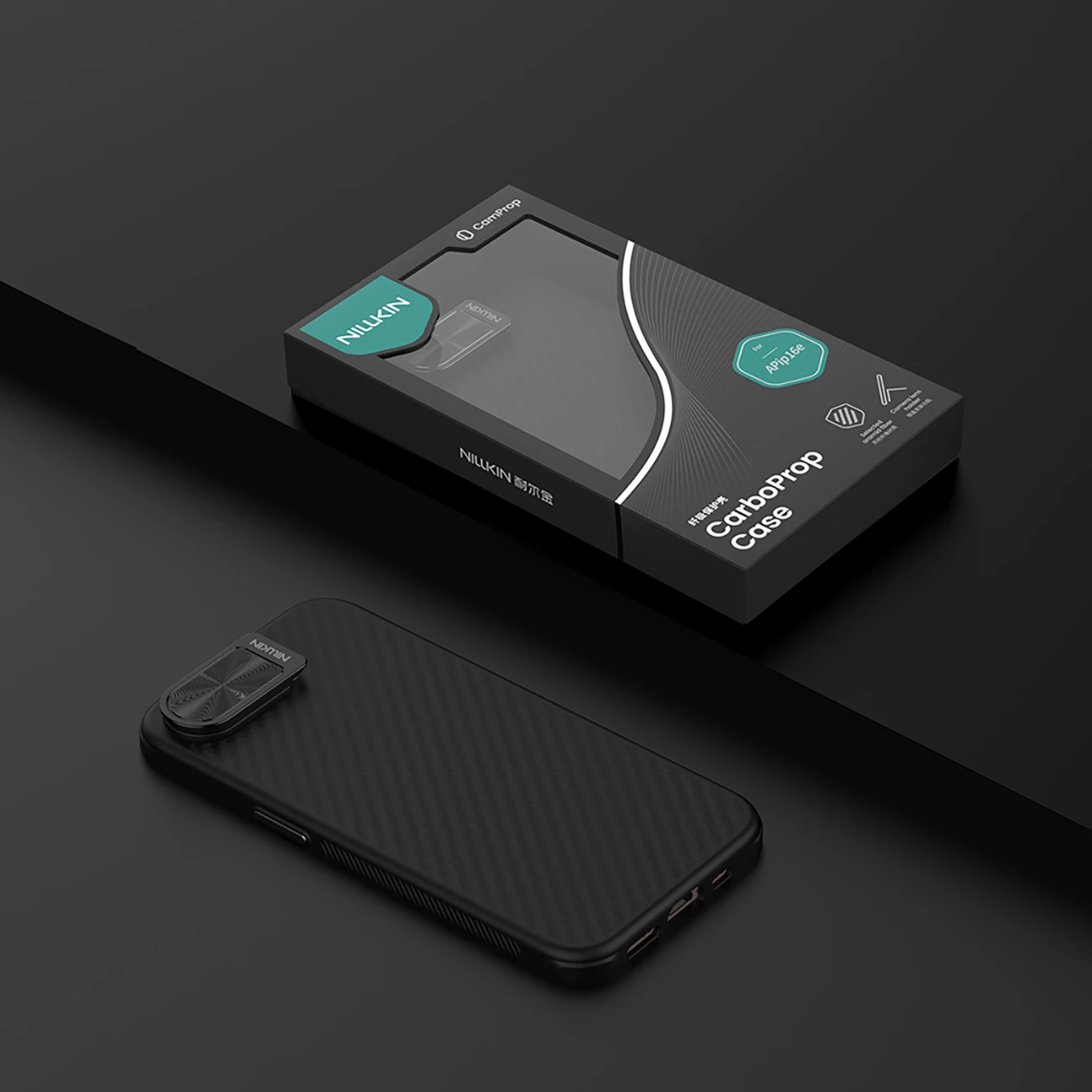 Mbështjellës Nillkin CarboProp Magnetic për iPhone 16e/17e, me MagSafe, mbulesë kamere + stand, i zi