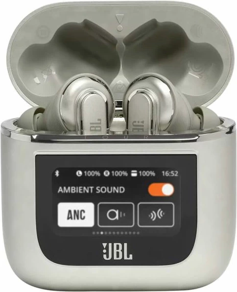 Kufje JBL Tour Pro 2 TWS pa kabllo me mikrofon, ANC adaptiv, kuti karikimi smart me ekran, Bluetooth 5.3, 40 orë, Champagne