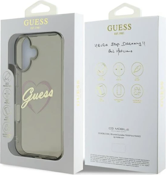 Mbështjellës Guess IML Heart për iPhone 16 Plus, Zi