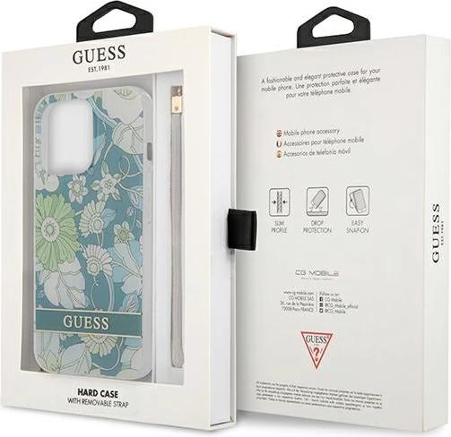 Mbështjellës Guess Flower Strap për iPhone 13 Pro Max 6.7", i gjelbër me lule dhe rrip dore