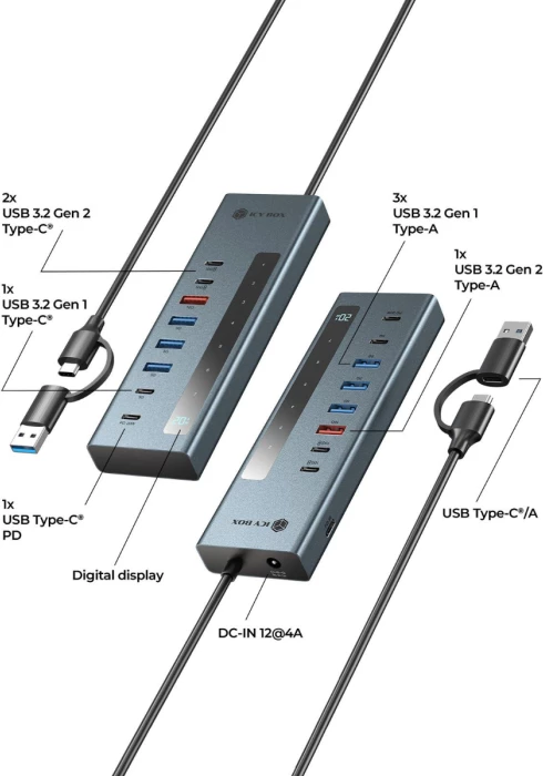 Hub USB-C/A ICYBOX IB-HUB1743-CPD 9-në-1, 10 Gbit/s, Power Delivery deri 100 W, alumin, kaltër