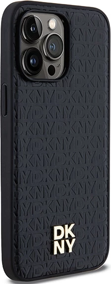Mbështjellës DKNY Leather Pattern Metal Logo MagSafe për iPhone 14 Pro, i zi