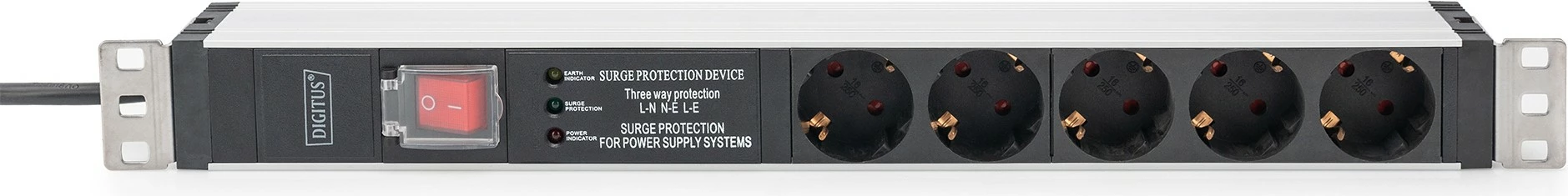 Prizë rack Digitus PDU 1U, 5 dalje, 16A, 230V, mbrojtje nga mbingarkesa, alumini