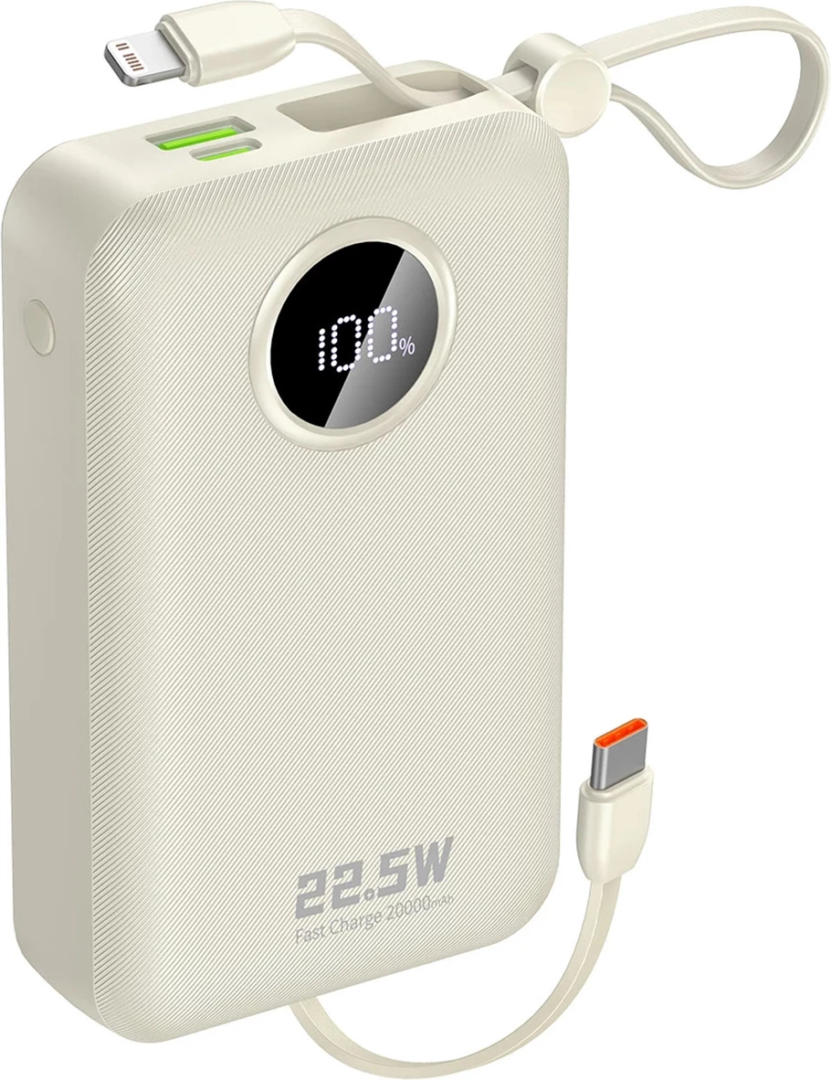 Powerbank, Dudao K14+, 20000 mAh, 22.5W, USB-C/USB-A, kabllo të integruara Lightning dhe USB-C, e bardhë