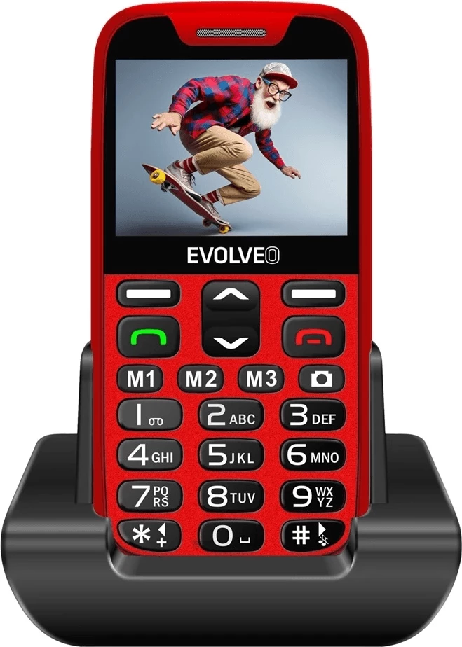 telefon me taste Evolveo Easyphone XR (MPN 20146), ekran me ngjyra i madh, taste të mëdha, buton SOS, dock për karikim, Type-C, i kuq, set me karikues + dock