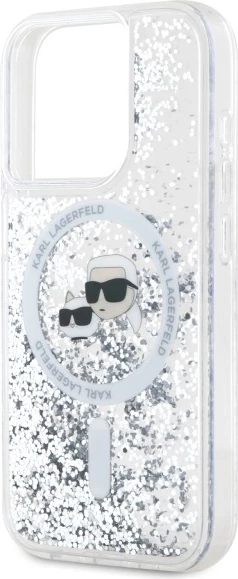 Mbështjellës Karl Lagerfeld Liquid Glitter Karl & Choupette Head MagSafe për iPhone 15 Pro Max, Transparent