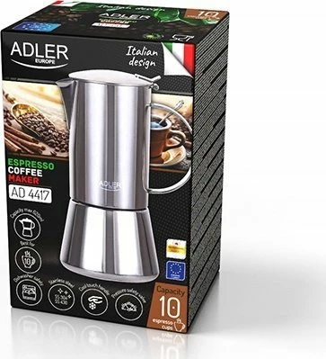 Aparat kafeje espresso (moka) Adler AD 4417, 620 ml (10 filxhanë), argjendtë