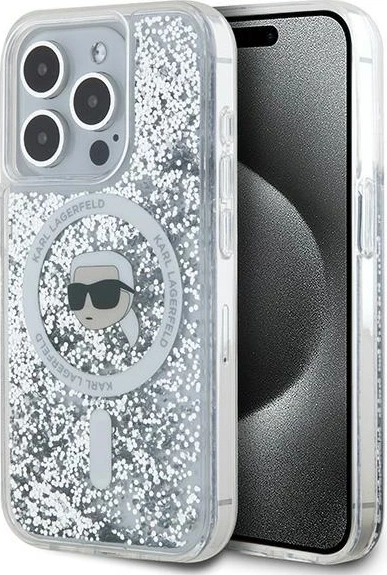 Mbështjellës Karl Lagerfeld Liquid Glitter Karl Head MagSafe për iPhone 15 Pro Max, Transparent