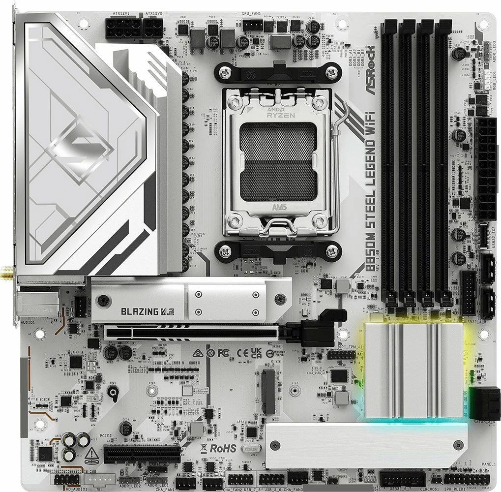 Pllakë amë ASRock B850M Steel Legend WiFi, Micro-ATX, DDR5 deri 256GB, Wi‑Fi 7, 2.5Gb LAN, e bardhë