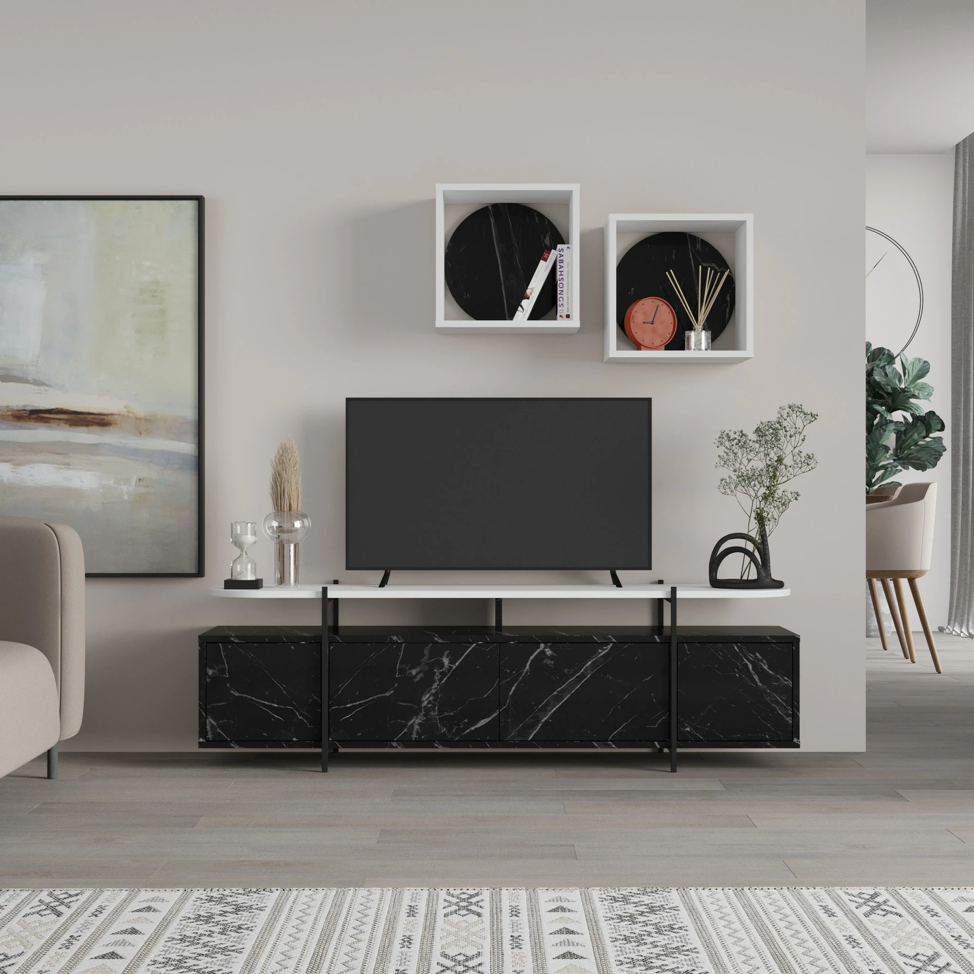 Komodë TV Skye Decor, Hanley - Bendir, e bardhë dhe e zezë