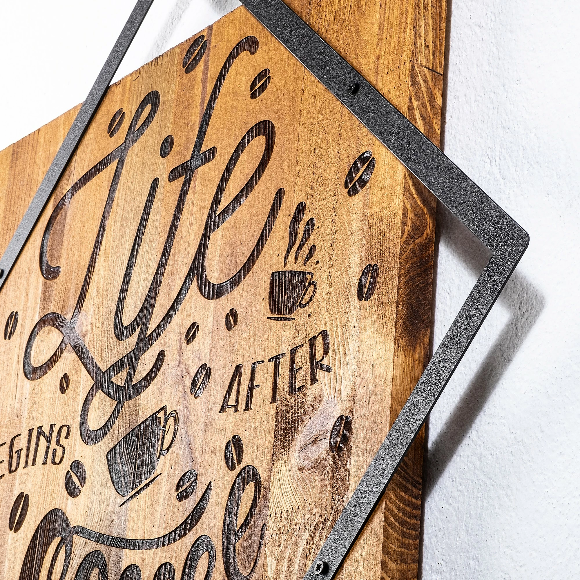 Aksesor dekorativ për mur, dru, ‘Life Begins After Coffee’, Wallity, ngjyrë arre, e zezë, 54x54cm